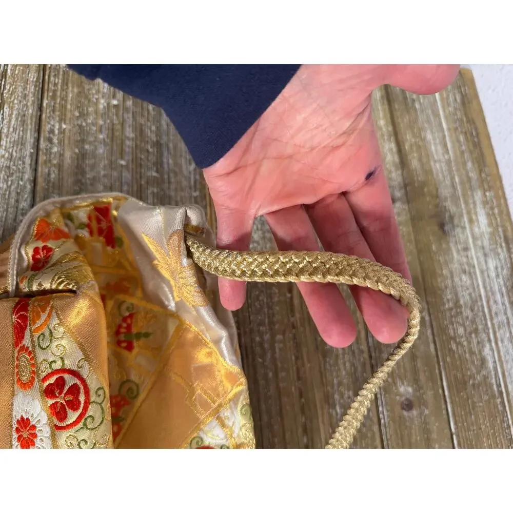 Vintage Japanese Silk Obi Clutch Bag Gold Floral Kawaii Coquette Aesthetic Purse - Picture 6 of 10